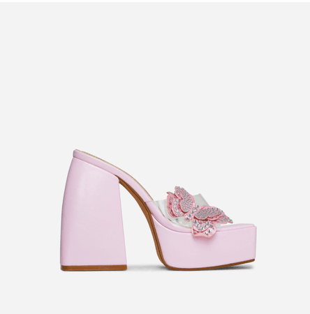 CAMILLO DIAMANTE BUTTERFLY DETAIL CLEAR PERSPEX STRAP SQUARE PEEP TOE PLATFORM BLOCK HEEL MULE IN PINK FAUX LEATHER