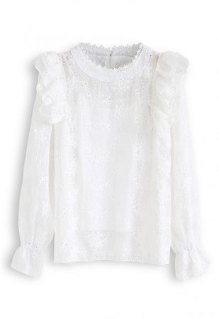 Eyelet Detail Floral Embroidered Ruffle Top in White - NEW ARRIVALS - Retro, Indie and Unique Fashion