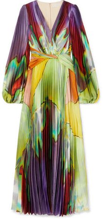 Pleated Printed Stretch-silk Maxi Dress - Green