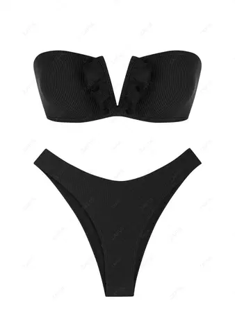 Women's ZAFUL V-wire High Leg Ruffles Textured Lace Up Bandeau Bikini Set Two Piece Swimwear In BLACK | ZAFUL 2024