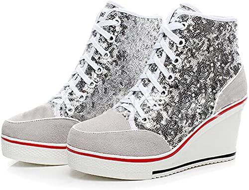 Amazon.com | Jiu du Women's Sequins Sneakers Wedge Suede Platform Heels Pump Lace Up High Top Shoes Silver Sequin Size US5 EU36 | Fashion Sneakers
