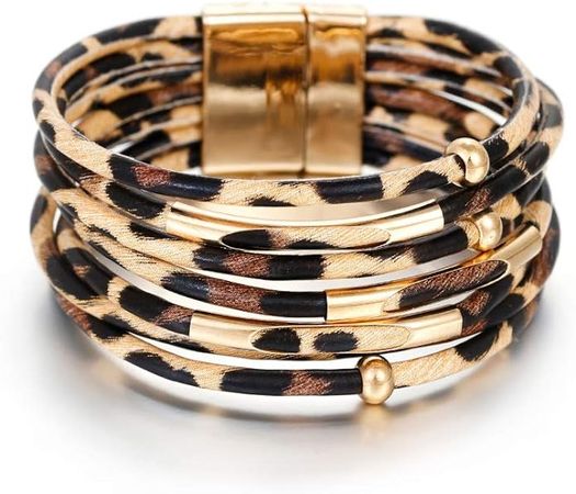 Amazon.com: Fesciory Leopard Bracelet for Women, Boho Leather Wrap Multi-Layer Pearl Crystal Bracelet Bangle Jewelry(Brown Leopard): Clothing, Shoes & Jewelry