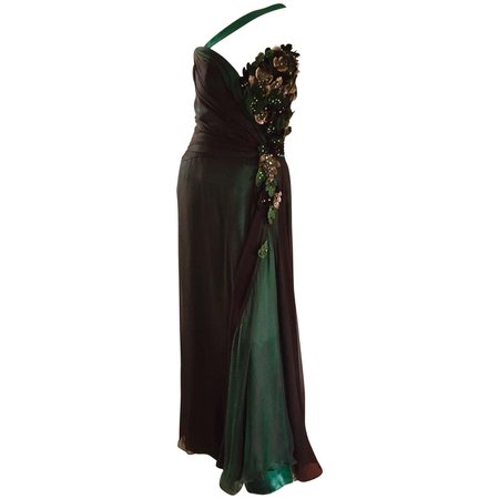 Bob Mackie Vintage Emerald Green Chiffon Leather Leaf Grecian Gown For Sale at 1stDibs