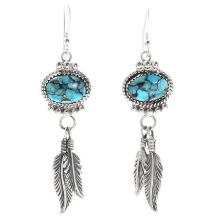 Pretty Mosaic Turquoise Silver Feather Navajo Earrings 27511