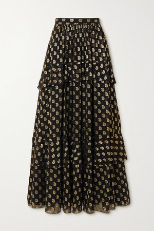 Black Tiered metallic fil coupé silk-blend georgette maxi skirt | Etro | NET-A-PORTER