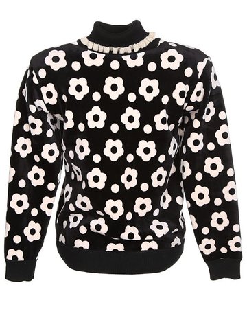 Black & White Ruffle Collar Daisy Print Velour Sweater - S Black £25 | Rokit Vintage Clothing