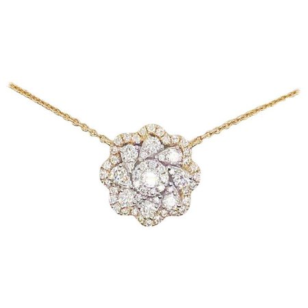 Diamond Cluster Flower Necklace 14 Karat Yellow Gold Diamond Pave Flower Pendant For Sale at 1stDibs