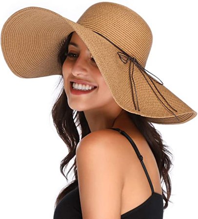 Lanzom Womens Wide Brim Straw Hat Floppy Foldable Roll up Cap Beach Sun Hat UPF 50+ (Style A-Khaki) at Amazon Women’s Clothing store