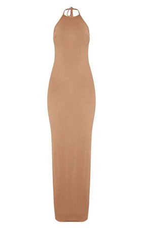Camel Basic Halterneck Maxi Dress | Dresses | PrettyLittleThing USA