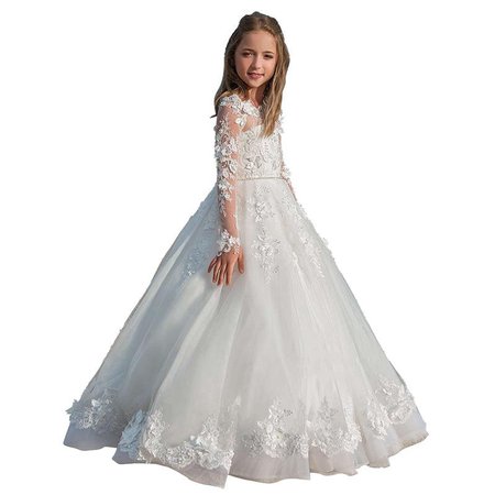 First Communion Dress for Grils Kid's Flower Girl Dress Long Sleeves O – Avadress