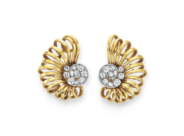 PAIR OF RETRO DIAMOND AND GOLD EAR CLIPS, BY BOUCHERON