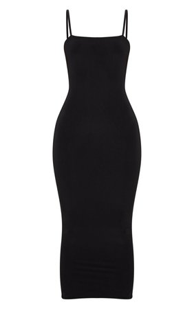 Petite Black Square Neck Strappy Slinky Dress | PrettyLittleThing