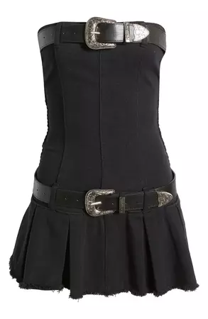 EDIKTED Double Belt Strapless Denim Dress | Nordstrom