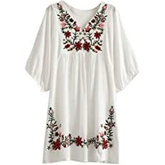 Kafeimali Women's Summer Mini Dress Bohemian Embroidery Tunic Shift Blouse (White) at Amazon Women’s Clothing store
