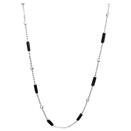 Made in Italy Diamond Black Onyx 18 Karat Gold Deco Long Necklace For Sale at 1stdibs
