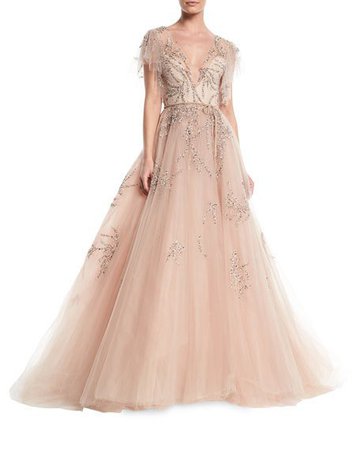 Monique Lhuillier Plunging Cap-Sleeve Embellished Tulle Evening Ball Gown