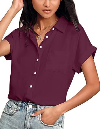 Hotouch Womens Collared Shirts Loose Casual Bussiness Blouse Button Up Collared Shirts Wine S at Amazon Women’s Clothing store