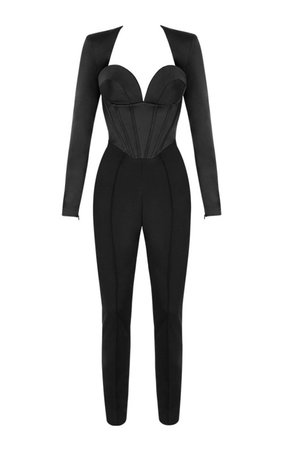 Clothing : Jumpsuits : 'Zoey' Black Satin Corset Jumpsuit