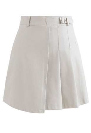 Belt Detail Faux Leather Pleated Mini Skirt in Cream - Retro, Indie and Unique Fashion