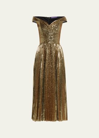 Ralph Lauren Collection Camari Pleated Sequin Off-Shoulder Midi Dress - Bergdorf Goodman