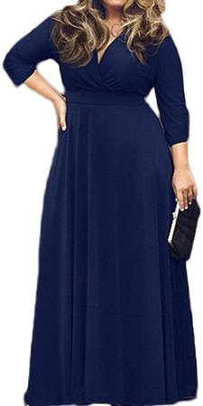POSESHE Women's Solid V-Neck 3/4 Sleeve Plus Size Evening Party Maxi Dress at Amazon Women’s Clothing store