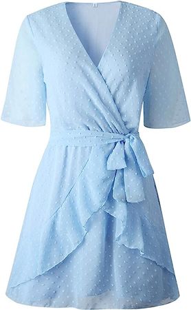 ECOWISH Women V Neck Short Sleeve Polka Dot Floral Pattern A-Line Tie Belt Short Dress with Ruffle Irregular Hem Light Blue Medium at Amazon Women’s Clothing store