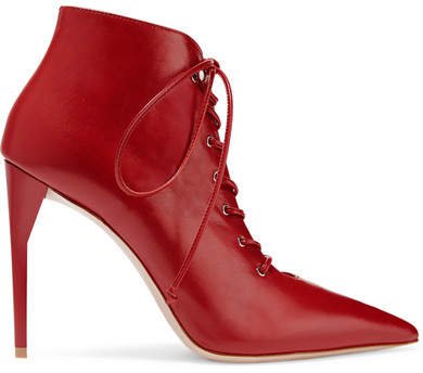 Lace-up Leather Ankle Boots - Red