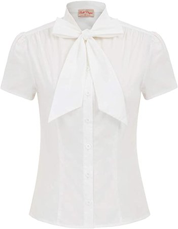 Belle Poque Summer Short Sleeve Office Button Down Blouse Stripe Shirt Tops with Bow Tie BP573 at Amazon Women’s Clothing store