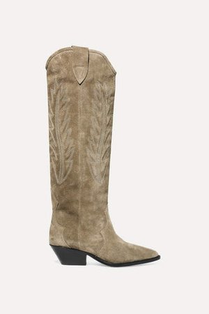 Denzy Embroidered Suede Knee Boots - Green
