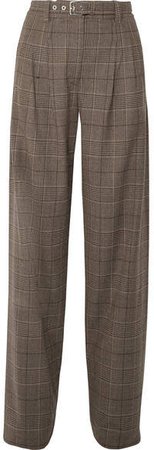 Belted Pleated Checked Wool-blend Wide-leg Pants - Brown