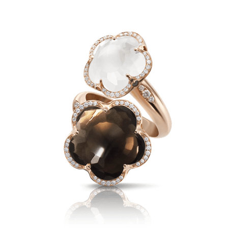 18k Rose Gold Bon Ton Ring with Smoky Quartz, Milky Quartz and Diamonds, Pasquale Bruni