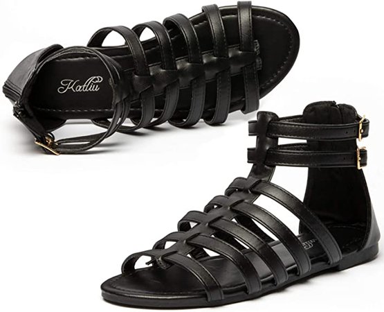 Amazon.com | Womens Gladiator Sandals Strap Sandal Two Ankle Buckle Open Toe Summer Flat Zipper Gladiator Sandal Black 6 | Flats
