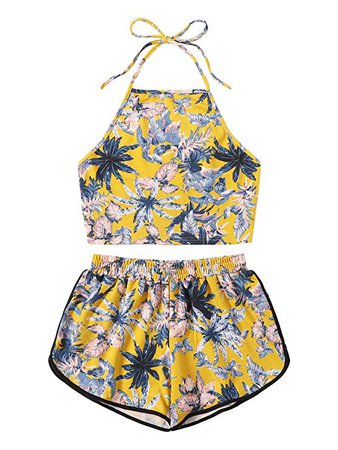 SweatyRocks Women's 2 Piece Set Halter Crop Top Shorts Set Yellow at Amazon Women’s Clothing store