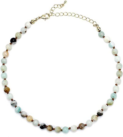 Pomina Semi Precious Stone Beaded Short Choker Necklace for Women Natural Gemstone Beaded Choker Necklace for Teen (amazonite): Clothing, Shoes & Jewelry