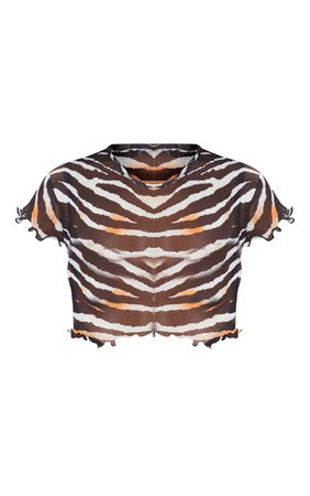 Neon Orange Zebra Print Mesh Short Sleeve Crop Top | PrettyLittleThing
