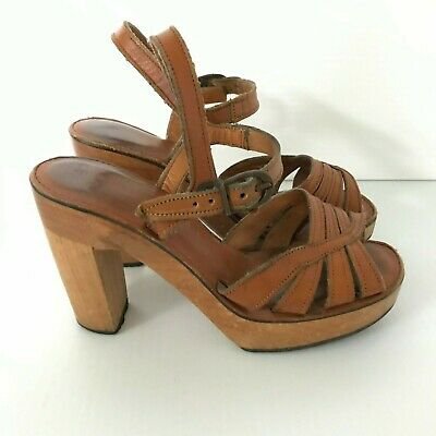 BARE TRAPS 70s RARE Vintage Wooden Platform Heels Ankle Strap Hippie Shoes 5 | eBay