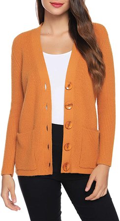 Aibrou Women Cardigan Sweater Short Casual Long Sleeve Button Knit Cardigans Yellow at Amazon Women’s Clothing store