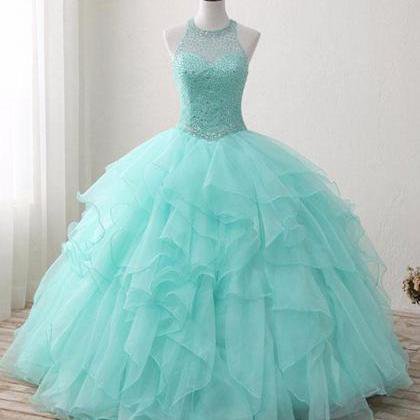Mint Floor-length Jewel Sleeveless Ball Gown Beading Tulle Quinceanera Dresses,Big Prom Dresses,Grad on Luulla