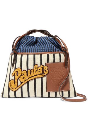 Loewe | + Paula's Ibiza appliquéd leather-trimmed striped canvas shoulder bag | NET-A-PORTER.COM