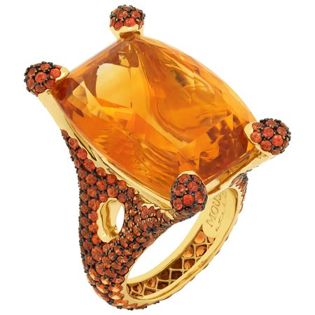 Mousson Atelier Citrine 33.27 Carat Orange Sapphires 18 Karat Yellow Gold Ring