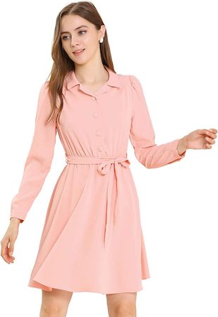 Allegra K Women's Button Front Camp Collar Elastic Waist A-Line Belted Dress at Amazon Women’s Clothing store