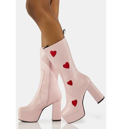 Lamoda Mid Calf Rise Vegan Leather Heart Platform Boots - Pink | Dolls Kill