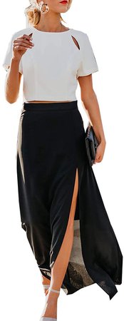 Hestenve Womens High Waisted Side Split Flowy Chiffon Long Maxi Skirt Black at Amazon Women’s Clothing store