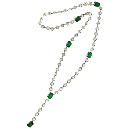 Silver/ emerald glass and clear crystal sautoir necklace, France, 1920s For Sale at 1stdibs
