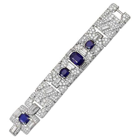 Cartier Magnificent Art Deco Sapphire Diamond Platinum Link Bracelet For Sale at 1stdibs