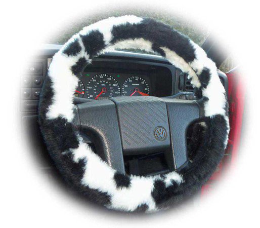 cute black and white cow print fuzzy car steering wheel cover – Poppys Crafts