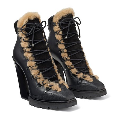 Black Leather and Suede Lace-Up Boots with Natural Shearling|MADYN 130 |Cruise '20 |JIMMY CHOO