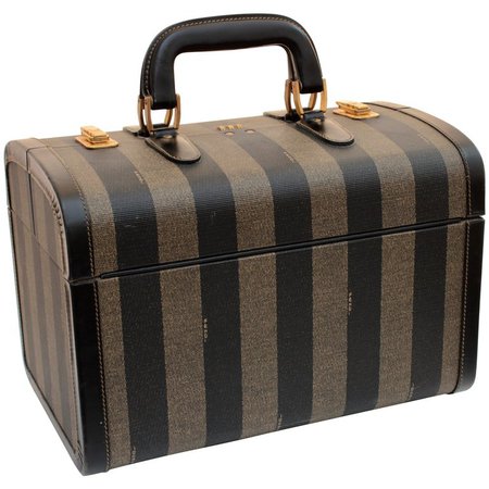 Fendi Vintage Train Case Carry On Bag Pequin Stripe Canvas Leather Travel For Sale at 1stdibs