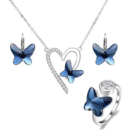 Amazon.com: EleQueen 925 Sterling Silver Love Heart Butterfly Denim Blue Made with Swarovski Crystals Pendant Necklace Stud Earrings Ring Set: Jewelry