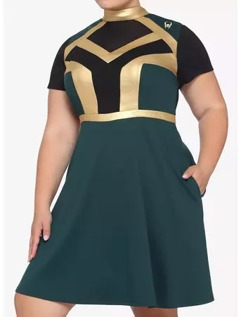 Her Universe Marvel Loki Mock Neck Mesh Inset Panel Dress Plus Size | Hot Topic